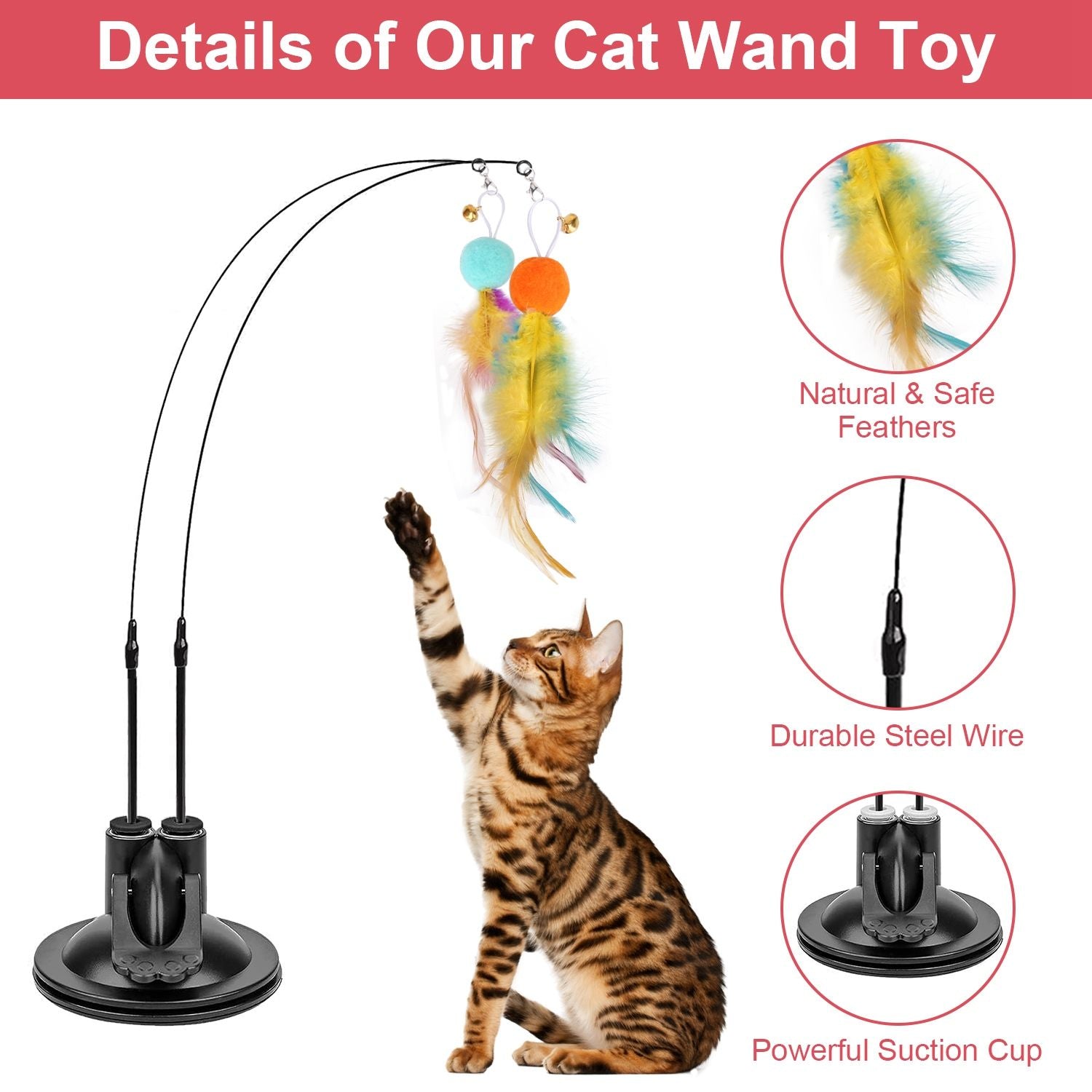 2 Cat Wand Toys with Suction Cup Double Head Interactive Cat Feather Toy 9Pcs Teaser Replacements with Bell Cats Self Playing Hanging Indoor Cat Toy